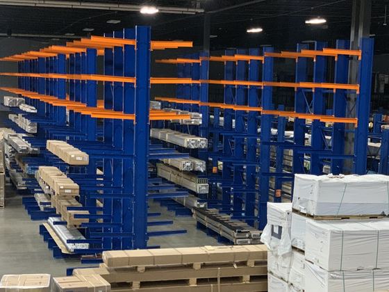 Rows of cantilever racking in a distribution center