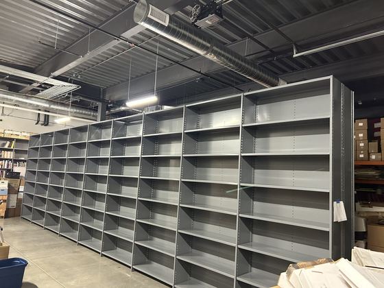 Closed steel shelving run ready for stock